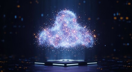 Abstract futuristic concept of cloud computing technology with a glowing particle data cloud symbol projected holographically from a high-tech digital platform.
