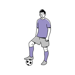 A simple line art illustration of a male soccer player posing with his foot on a football.