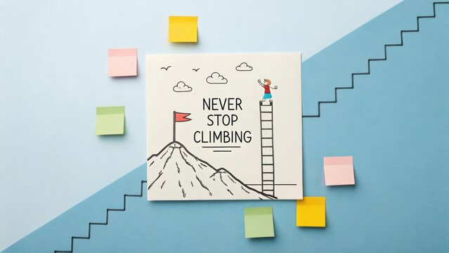 Inspirational illustration of a person climbing a ladder towards a mountain peak under a blue sky with motivational quote