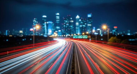 Captivating long exposure of vibrant car light trails on a busy highway leading to a modern, illuminated cityscape at night, showcasing urban dynamism and transport flow.