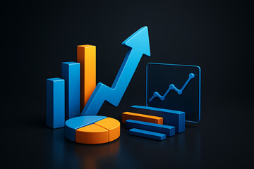3D Illustration of Business Elements with Graph, Arrow, and Chart for Modern Corporate Design Background, Perfect for Finance, Marketing, Analytics, Growth, and Technology Concepts