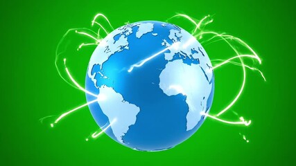 Glowing lines of light stream around a vibrant blue Earth on a bright green background, symbolizing global connection and energy. - Powered by Adobe