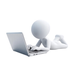Relaxed 3D figure working on laptop on transparent background