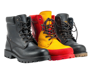 Three pairs of work boots in black, red and yellow