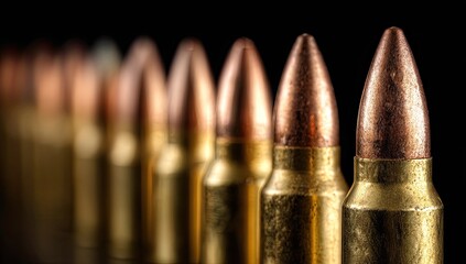 Close-up of a row of rifle cartridges on black background, sharp focus on the front