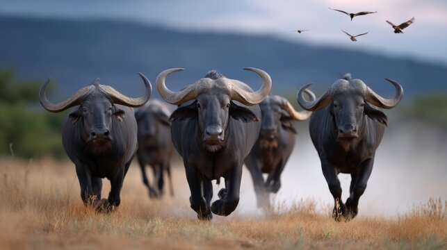 Buffalo herd running wild serengeti plains wildlife photography natural habitat close-up animal behavior