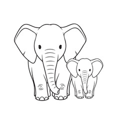 Cute black and white line art illustration of a mother elephant and her baby calf standing together.