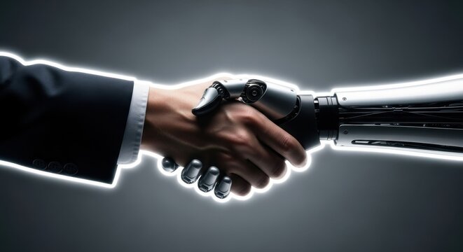 Human and robot hands engage in a powerful handshake, symbolizing innovation, collaboration, and the future integration of artificial intelligence in global business.