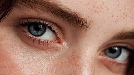 Fototapeta premium Close-up of two light blue eyes with freckled skin and defined lashes