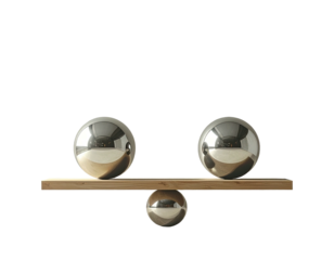 Two sets of mirrored spheres balanced on a wooden plank