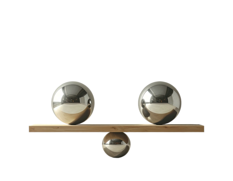 Two sets of mirrored spheres balanced on a wooden plank