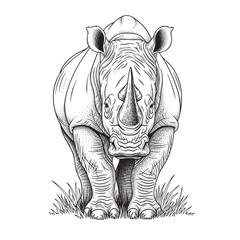 Detailed black and white line art illustration of a powerful rhinoceros standing fronton. © Vhya