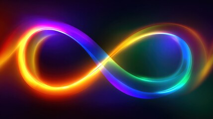 An illuminated infinity symbol glows with vibrant, colorful light against a dark backdrop