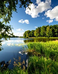 Tranquil lake scene under a summer sky