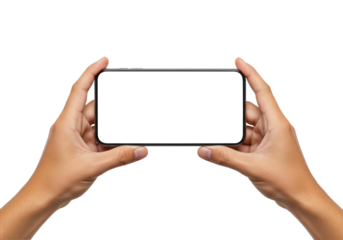 Hands Holding Smartphone Blank Screen Mockup Horizontal Display Mobile Phone Device Technology