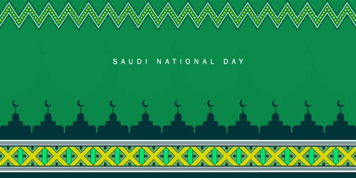 Arabic text: Our pride is in our nature. Saudi National Day 95 logo identity green decorative background.