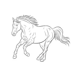 Elegant black and white line art illustration of a powerful horse galloping with a flowing mane and tail.
