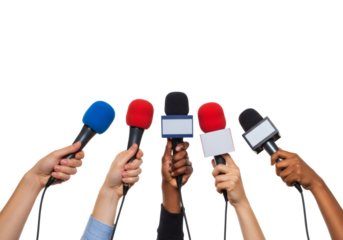 Hands Holding Microphones Press Conference Interview Journalism Media Broadcasting News Reporter Communication