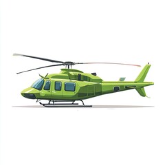 Fototapeta premium Side view of a light olive green helicopter, with a large main rotor and tail rotor, landing gear, and several windows