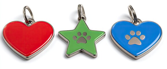 Three colorful pet tags, heart, star, and heart shapes, with paw print designs