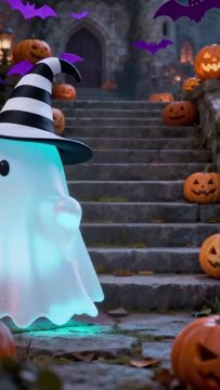 A Halloween ghost holding a candy box on the street surrounded by pumpkins and bats.