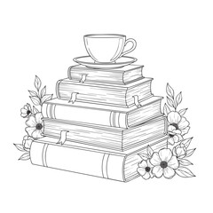 Handdrawn line art illustration of a book stack with a teacup and floral decorations.