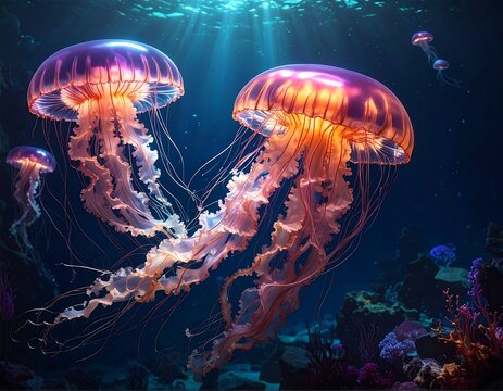 Two luminous jellyfish in vibrant underwater scene