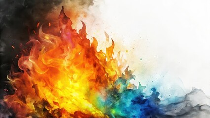 Vibrant watercolor flames engulfing a dark silhouette on a white canvas