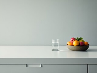 A bowl of fruit and a glass of water on a white counter