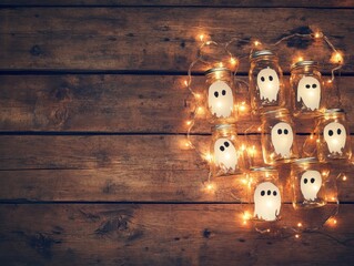 A bunch of mason jars with ghost faces and lights