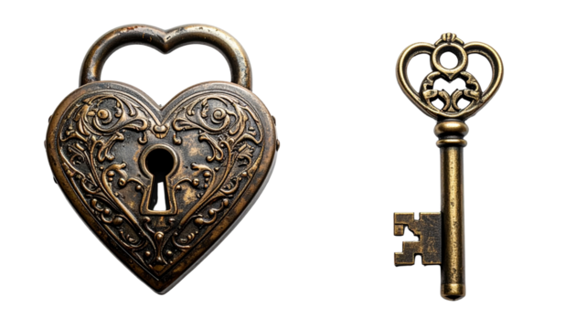Dual love-themed heart lock and key collection isolated on transparent background - Powered by Adobe