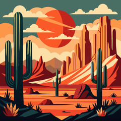 Vector artwork of a desert landscape with cactus