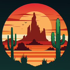 Vector artwork of a desert landscape with cactus