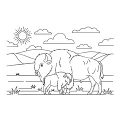 Simple coloring page illustration of a mother bison and her baby calf in a sunny prairie.