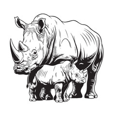 Vintage engraving style illustration of a rhinoceros mother and her young baby calf.