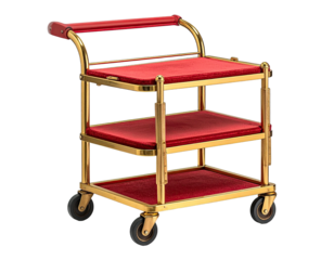Gold-toned service cart with red upholstery
