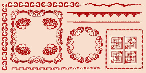 Collection of traditional chinese red decorative borders and frames with floral and cloud motifs © Bijoy