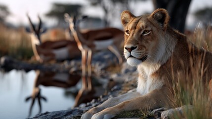 Lioness observing antelopes by waterhole african savanna wildlife photography natural habitat side view predator-prey dynamics