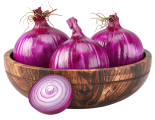 Three vibrant purple onions in a wooden bowl