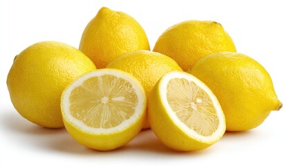 Fresh lemons, whole and sliced, bright yellow, on white background