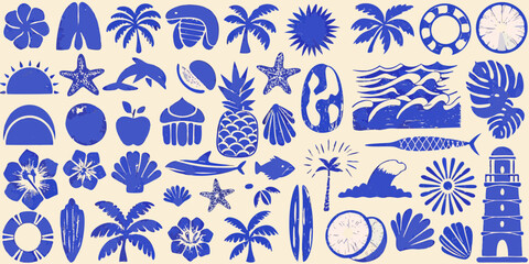 Collection of blue summer vacation icons and symbols on a cream background © Bijoy