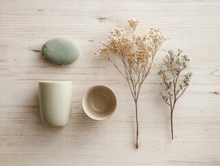 A white wooden table with a vase and a plant