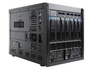 Dark, boxy server with multiple drive bays