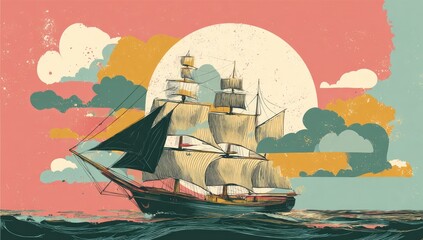A vintage-style sailing ship on the ocean under a colorful sky and sun, weathered look