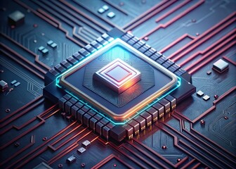 Fototapeta premium Detailed image of a computer chip with a subtle background texture representing import tariffs