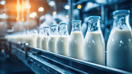 Milk Bottles On Conveyor Belt In Dairy Factory