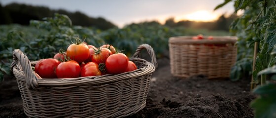 Harvesting fresh tomatoes organic farm food photography rural landscape close-up view sustainable agriculture