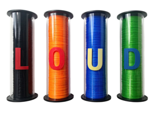 Colorful string spools arranged in a row