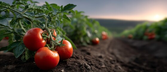 Harvesting fresh tomatoes in a scenic farm landscape vibrant nature photography at sunset