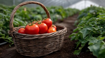 Harvesting fresh tomatoes in a lush greenhouse agriculture photography natural environment close-up view sustainable farming